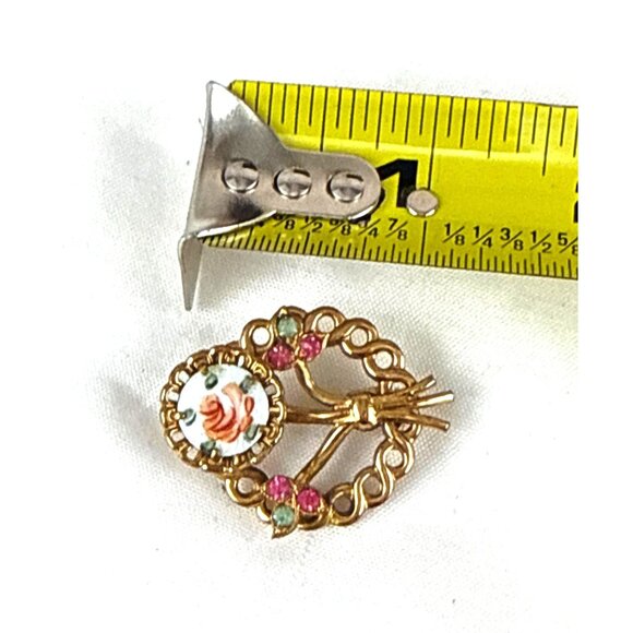 Vintage Porcelain Rose Floral Brooch Gold Tone with Pink Rhinestones - Picture 6 of 6